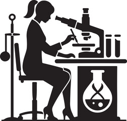 A woman in silhouette working with a microscope at a lab table with test tubes and dna