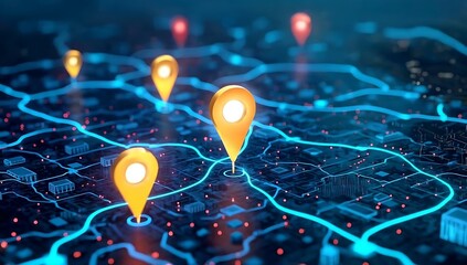 Navigating Digital Landscapes: A visually stunning map with glowing location markers, signifying connectivity and data flow across a vibrant network.