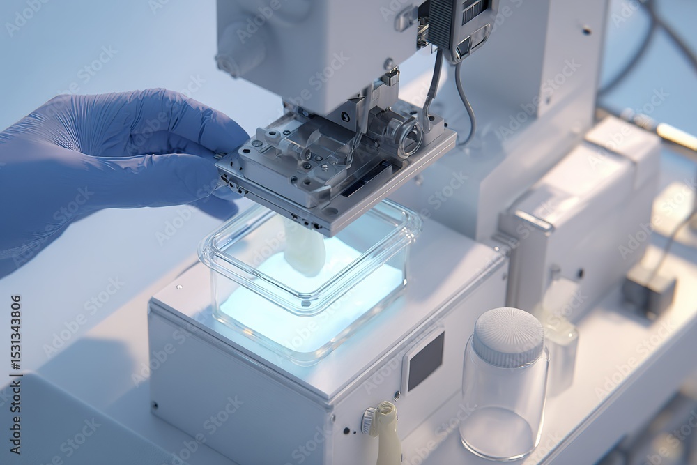 Poster advanced laboratory equipment performs a precise experiment in a clean environment highlighting scie
