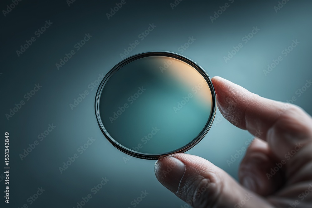 Poster holding a circular filter against a soft blue background while capturing light reflections and color