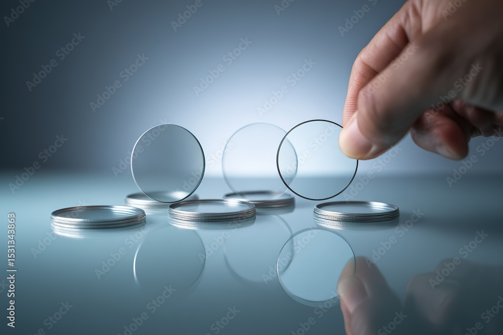 Poster man's hand holds circular lens while several other lenses rest on a reflective table in a minimalist