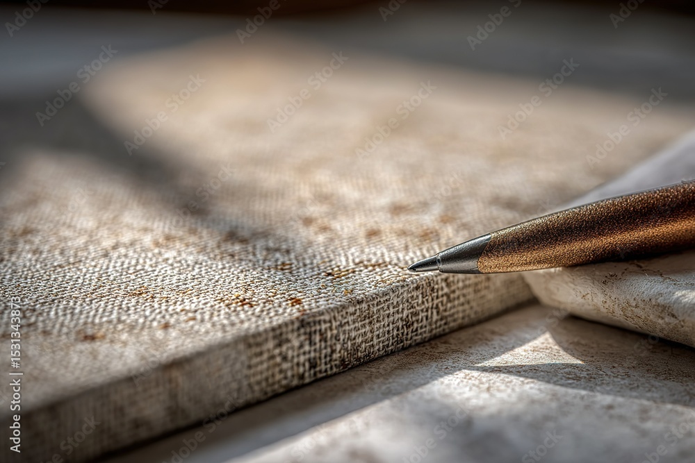 Poster writing on a textured surface with a pen, capturing light and shadow details in a quiet workspace