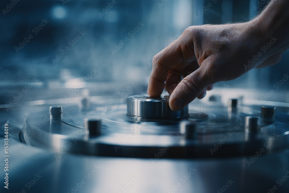 Aufkleber hand engages with a metallic dial on an industrial machine in a misty environment during a technical