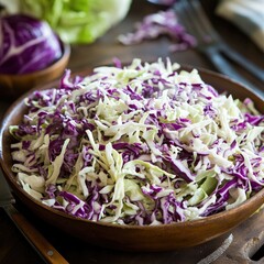 Colorful shredded cabbage salad in a wooden bowl