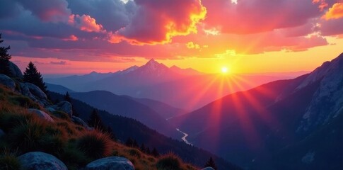 Majestic sunset over mountain range, tranquil scene, mountains, amazing, golden hour
