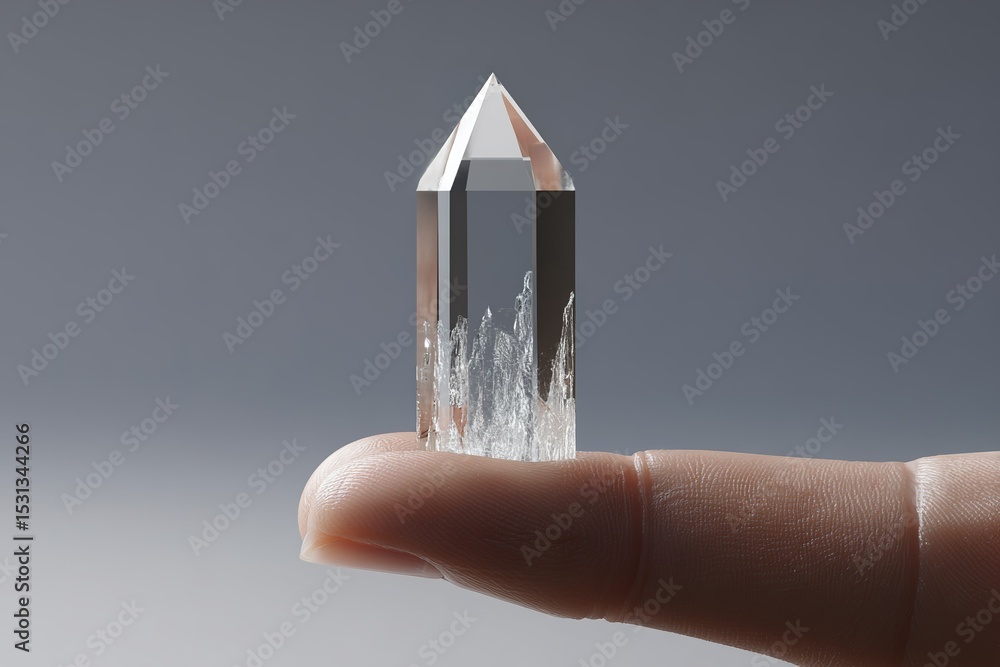 Poster floating crystal tower held by a finger demonstrates its clarity and unique structure with light ref
