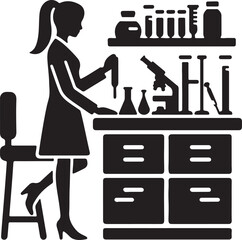 Silhouette of a woman in a lab coat working at a lab bench with equipment and glassware