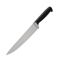 Single contemporary kitchen knife with stainless steel blade and black handle on transparent background