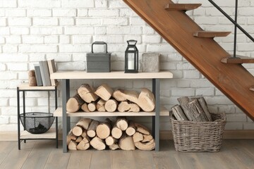 Wooden shelf with stacked firewood near stairs
