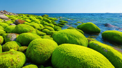 Rocks covered with green algae at the edge of the sea, reflecting sunlight and capturing coastal nature in sharp detail
