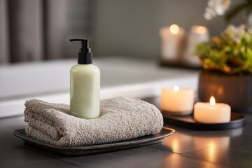 Relaxing spa setup with lotion, candles, and towel for a calming retreat at home
