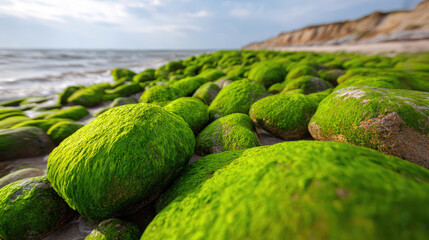 Scenic moss-covered stones along the shoreline with sunlight highlighting textures and calm blue sea in the background