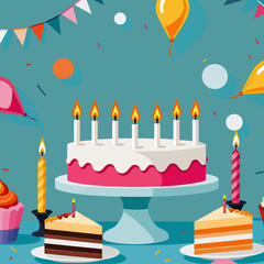 Colorful Birthday Celebration-Illustration Festive Cake-with-Candles-Balloons-and-Party-Decorations-Perfect-for-Birthday-Greetings-Card-Designs-Birthday Party Illustration Featuring Delicious Cake