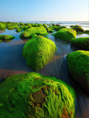 Ocean stones covered in vibrant green moss with soft wave patterns and rich textures of nature captured in crisp daylight