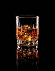 Editorial AI Generated - Clear glass tumbler filled with golden whiskey and ice cubes on a reflective black surface with a black background