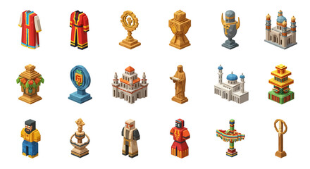 Vector icons Set of  Colorful Pixelated Icons of Diverse Cultural Landmarks and Costumes. Vector Illustrations