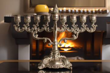 Hanukkah lamp (Hanukkah menorah), made of metal, close-up, in a home.