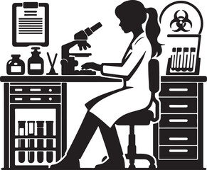 A silhouette of a scientist working in a lab with a microscope and test tubes on a table