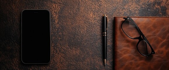 A smartphone, pen, and eyeglasses rest on a dark, textured surface