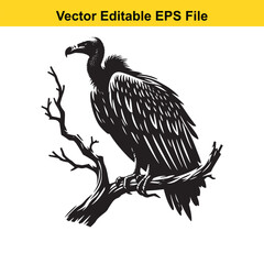Fototapeta premium Majestic Vulture Perched on a Barren Branch, Black and White Illustration