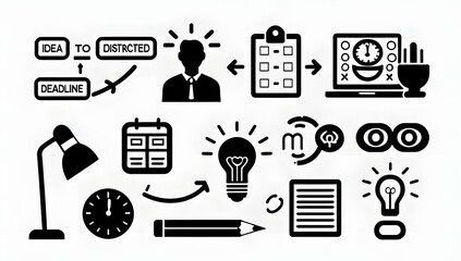Black vector icon set illustrating time management for creative professionals: includes idea-to-deadline flow, distracted mind, time-blocked sketchpad, priority brush, focus lamp