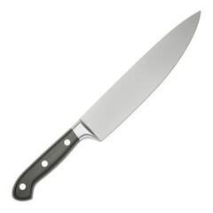 Single kitchen knife with stainless steel blade and black handle isolated on transparent background