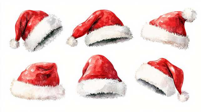 A festive collection of watercolor Santa hats in different shapes and angles on white background. Generative AI