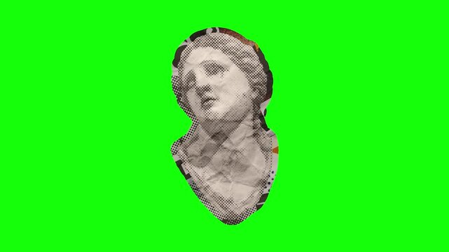 Collage Art Element Statue with Paper Folding Motion on Green Screen Background
