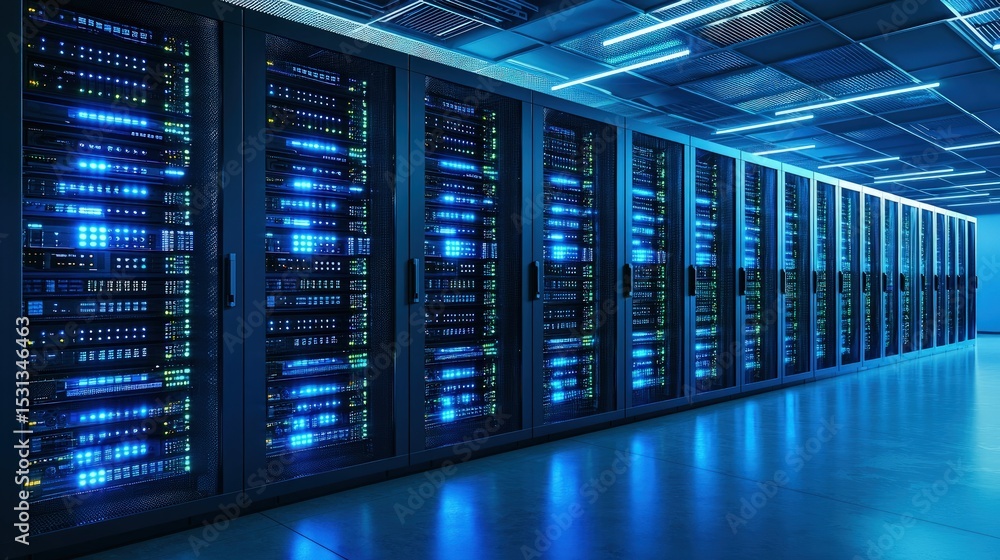 Poster Wide angle view of illuminated server racks in a clean data center with glowing ceiling lights, ideal for cloud storage, IT network solutions, and digital security visuals