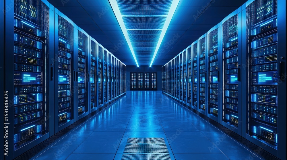 Poster spacious futuristic data center with glowing blue racks and reflective floors, ideal for cloud compu
