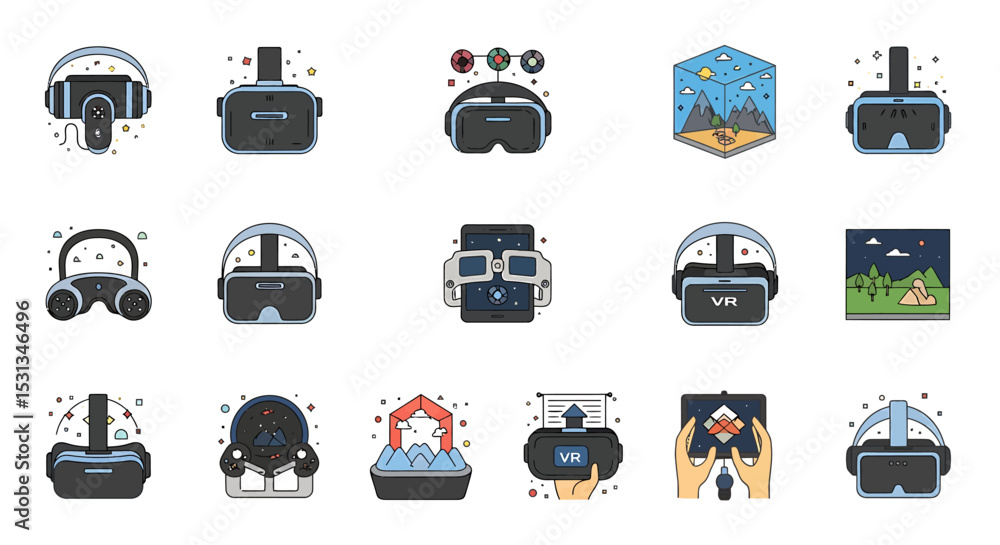 Poster vector icons set of colorful virtual reality headset icons collection. vector illustrations