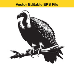 Majestic Vulture Perched on a Branch: A Black and White Vector Illustration
