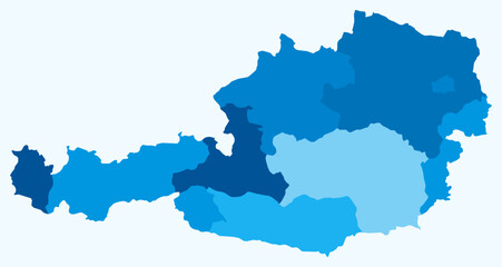 Map of Austria with regions. Just a simple country border map with region division. Light blue color palette. Blank Austria shape with administrative division. Vector illustration.
