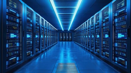 Spacious futuristic data center with glowing blue racks and reflective floors, ideal for cloud computing, cybersecurity infrastructure, or digital enterprise concepts