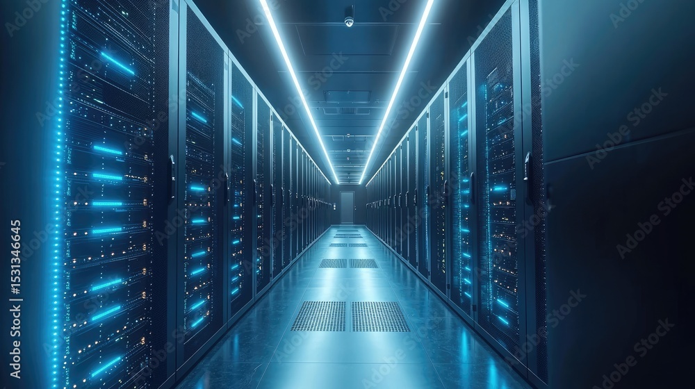 Poster high tech data center hallway with glowing blue server racks and overhead lighting, perfect for show