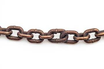 Obraz premium A rusted metal chain stretches horizontally across a white background. The links are connected, forming a continuous line