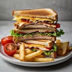 A stacked club sandwich with grilled chicken, tomato, lettuce, cheese, and toasted bread, cut diagonally, served with potato chips on a white plate