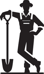 Silhouette of a farmer leaning on a shovel wearing overalls and a hat on a white background