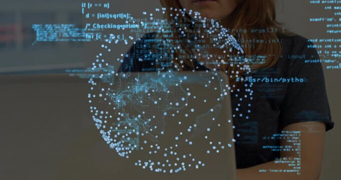 Woman at desk spotting virtual globe with scrolling code then typing Python completing task