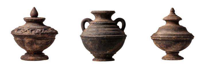 Ancient Clay Pots with Unique Designs for Historical Collection Isolated on a Transparent Background