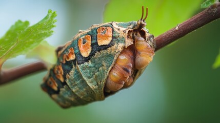 A detailed image of a pupa attached to a thin branch