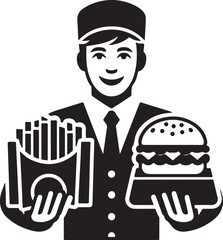 A delivery man holding a burger and fries in a black and white vector illustration style