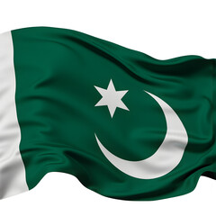 Pakistani flag green field with white stripe crescent and star, fabric material visible, soft flowing movement, professional studio lighting, isolated on transparent, commercial quality detailed