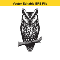 Majestic Owl Perched on Branch: A Vector Illustration