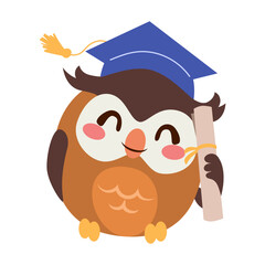 Cartoon of a cute owl character wearing a graduation cap and holding a diploma scroll vector illustration. Drawing concept for knowledge, wisdom and achievement