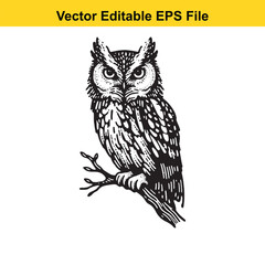 Majestic Owl Perched on Branch: A Black and White Vector Illustration