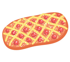 Cartoon of Coca de San Joan topped with pastry cream vector illustration. A delicious festive cake traditional to Catalonia during Saint John’s Eve