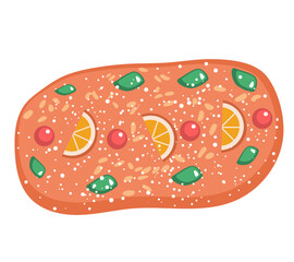 Cartoon drawing of the traditional Coca de San Joan cake, a sweet bread served during Saint John's Eve in Spain vector illustration. Vector illustration for traditional food of Spanish culture