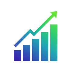 Vibrant 3D icon of a colorful bar chart with an upward green arrow, symbolizing growth, success, and business analytics. Isolated on a clean white background.

