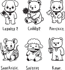 Cute Yet Dangerous Animal Characters – Funny Cartoon Illustration. A humorous black and white cartoon illustration featuring six adorable animals holding weapon